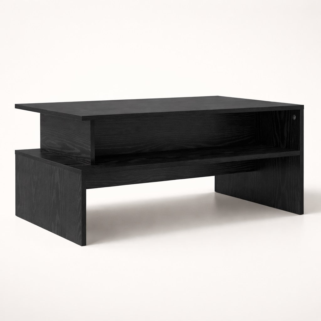 Table basse avec rangement en bois noir vue en perspective, volumes superposés, table basse de salon