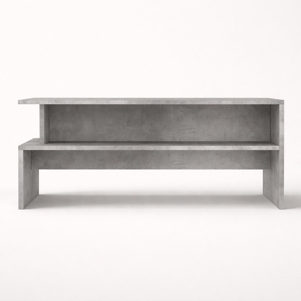 Table basse avec rangement en finition béton clair vue de face, lignes épurées, table basse de salon
