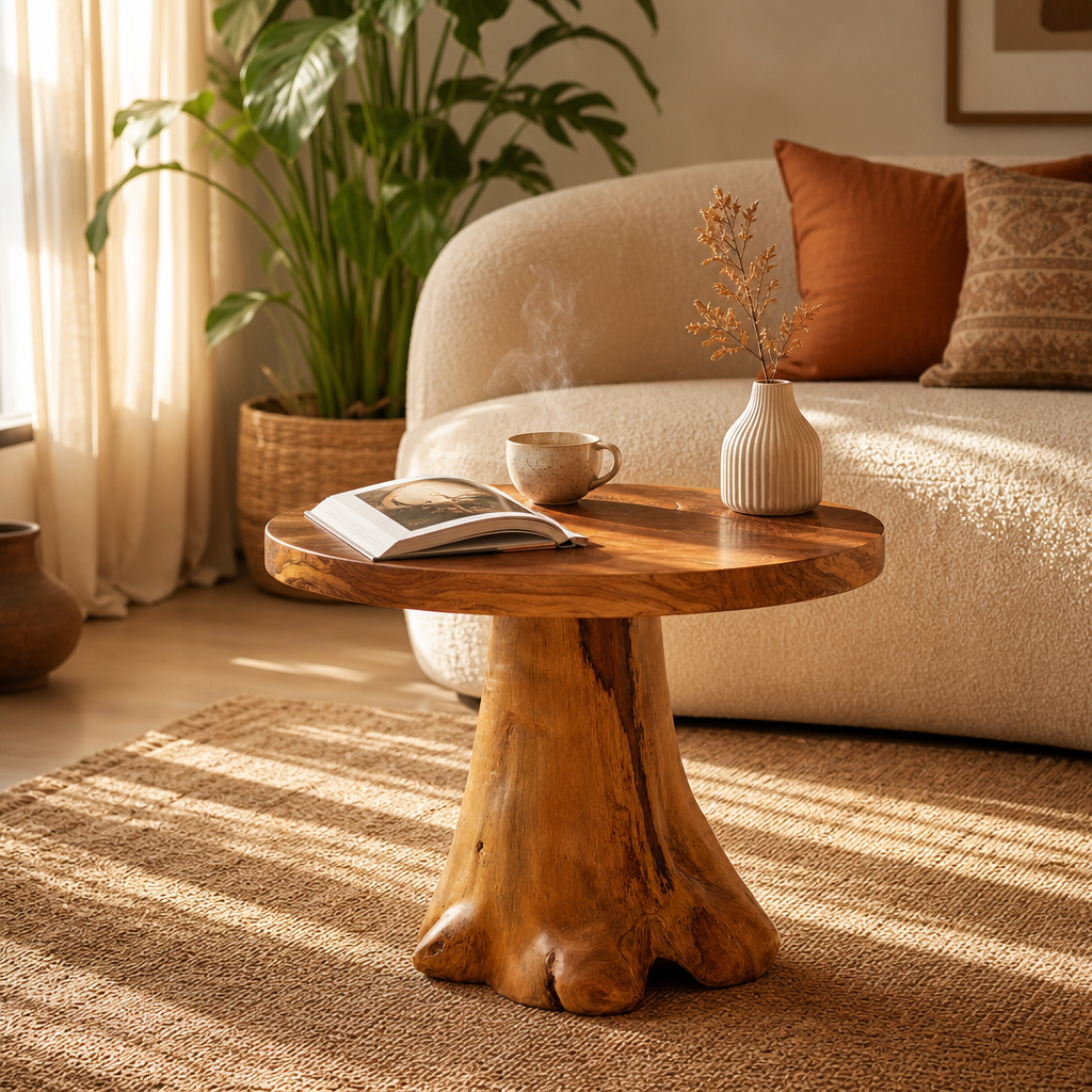 Table basse Siena en teck massif dans un salon lumineux, avec un livre, une tasse de cafe et un vase decoratif poses sur le plateau