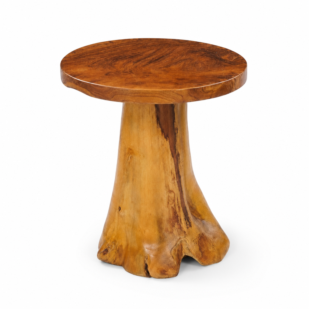 Table basse Siena en teck massif au pied sculpte en forme de tronc d'arbre, vue de face sur fond blanc