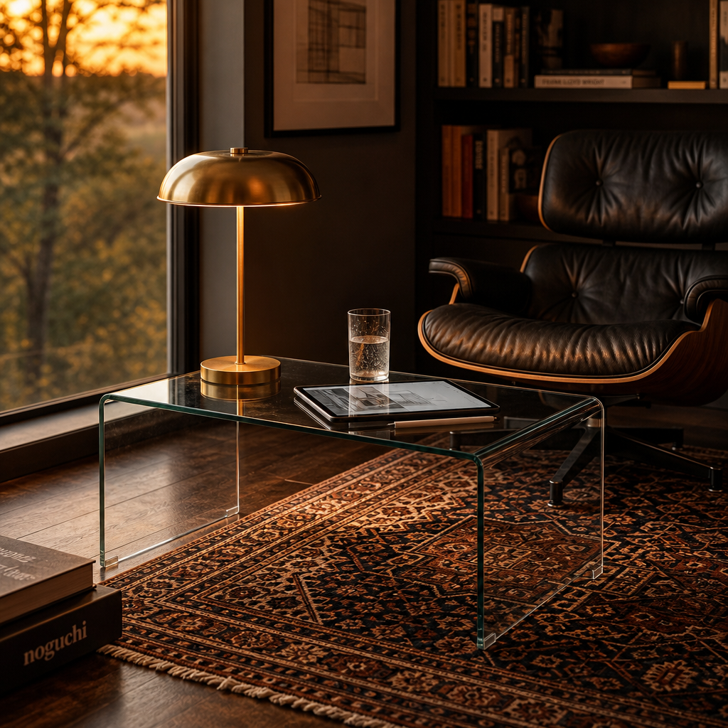 Table basse en verre Vetra, en situation dans un bureau cosy avec fauteuil en cuir et tapis persan