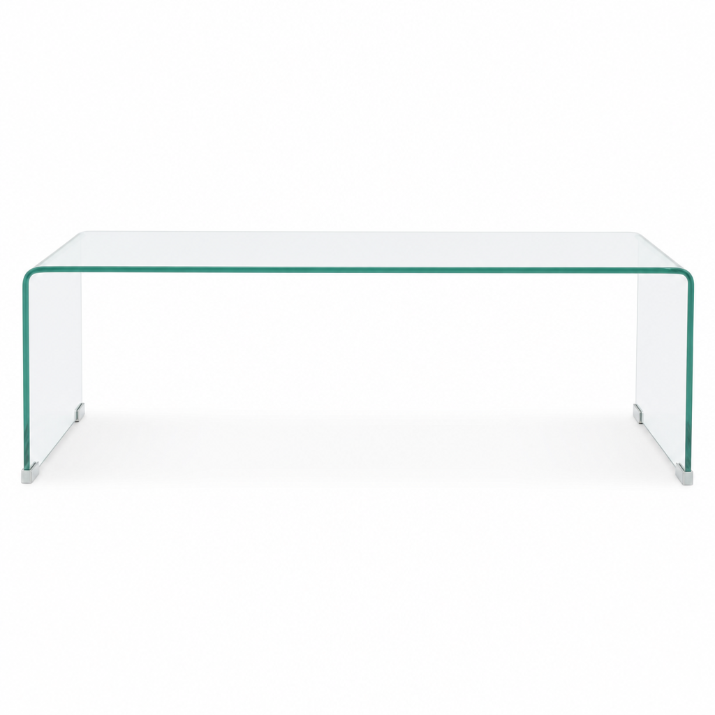 Table basse en verre Vetra, vue de face avec plateau et pieds en verre trempé