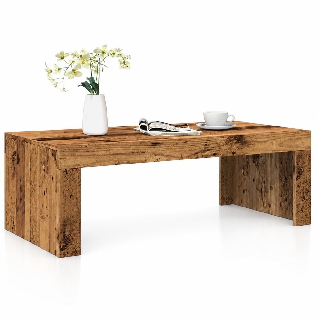 Table basse vintage en bois Rico vue de face sur fond blanc, structure monobloc en panneaux pleins