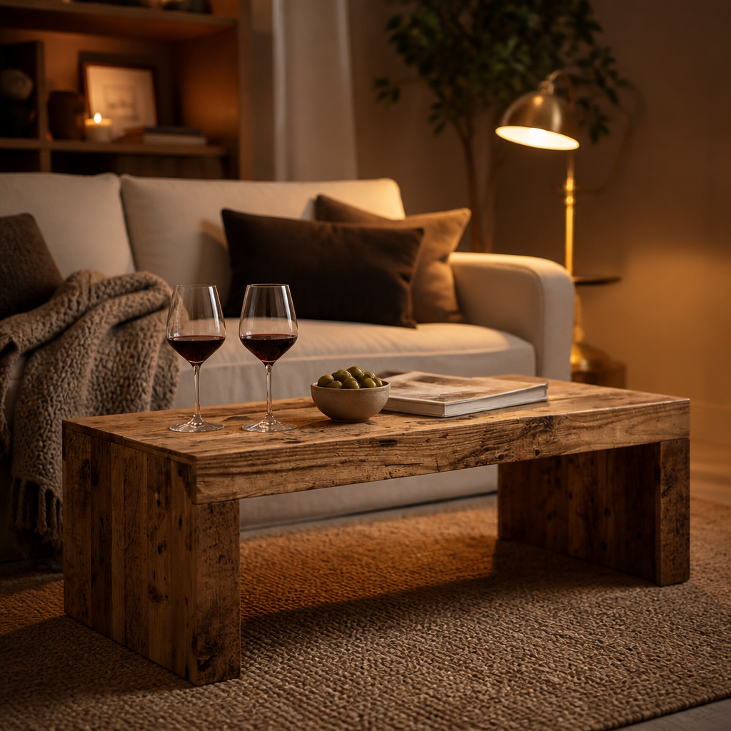 Table basse vintage en bois Rico dans un salon cosy le soir avec verres de vin et olives