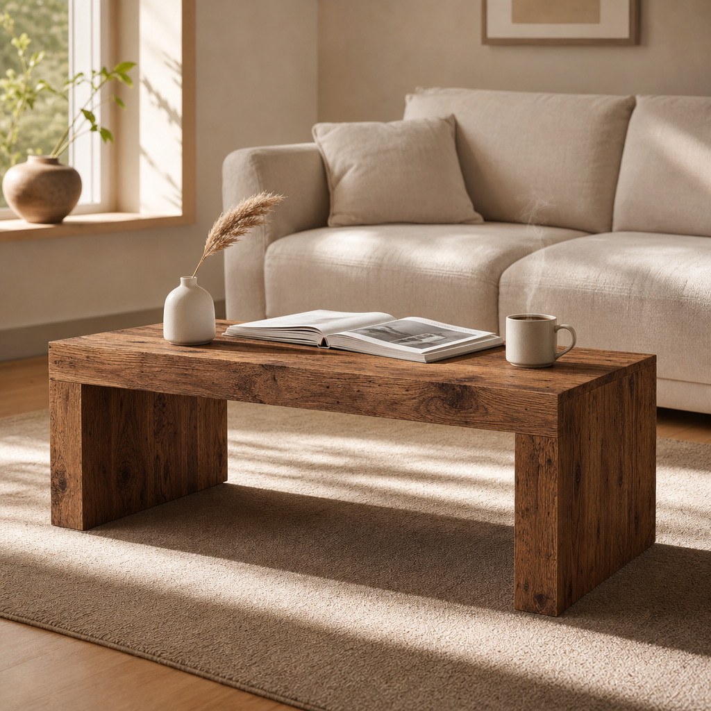 Table basse vintage en bois Rico dans un salon lumineux avec cafe, livre et vase de fleurs sechees
