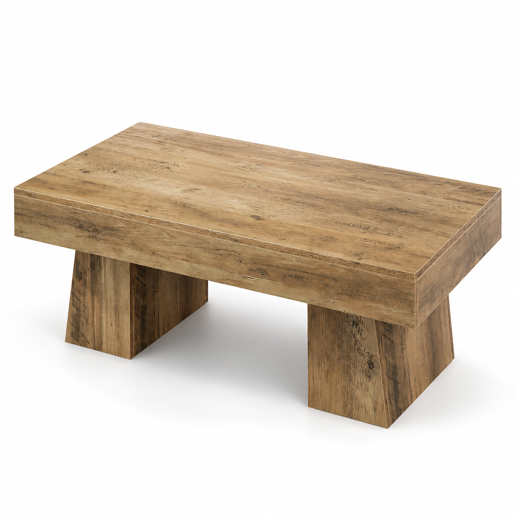 Table basse vintage Montana en bois massif, vue en angle avec pieds trapézoïdaux sculptés