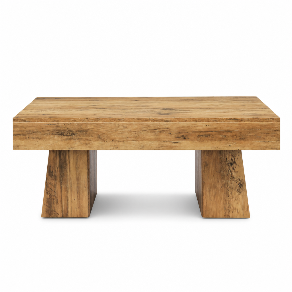 Table basse vintage Montana en bois massif, vue de face avec pieds trapézoïdaux