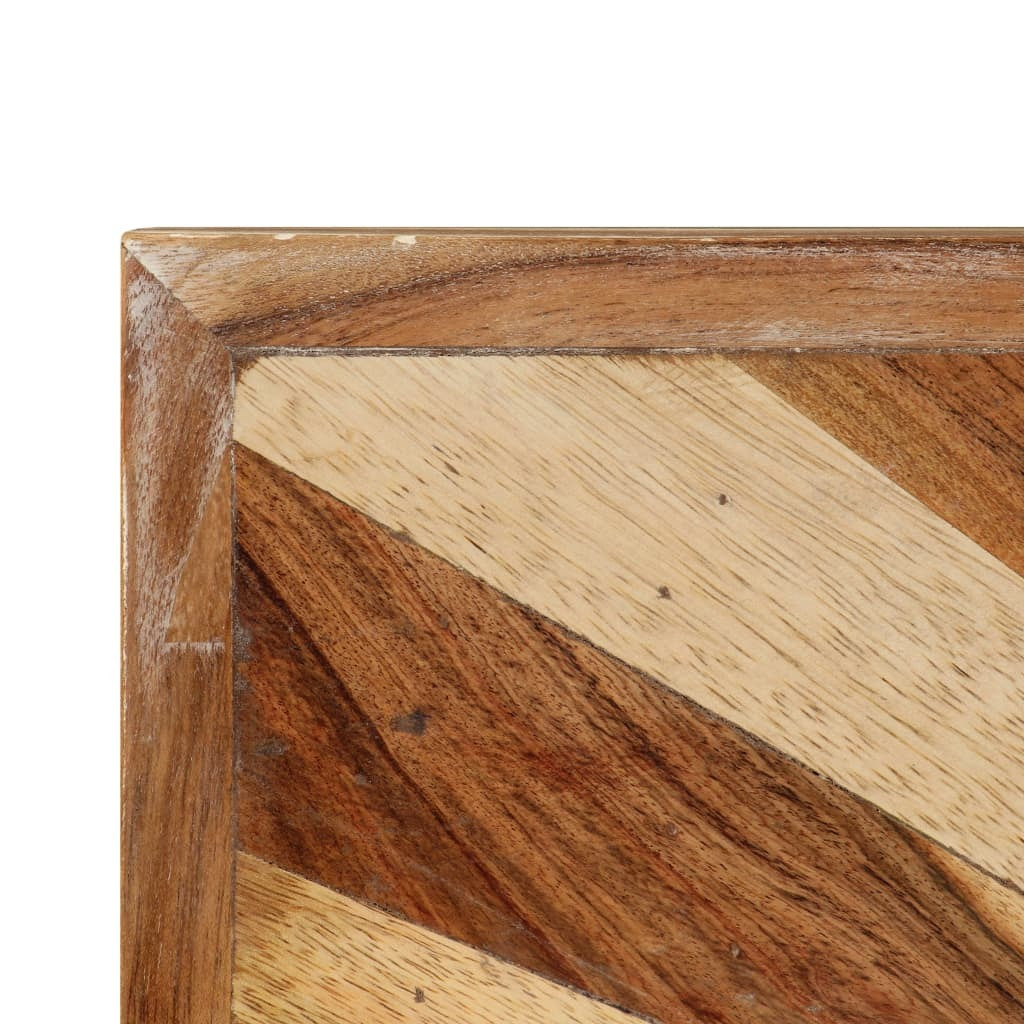 Table basse Amaria, gros plan sur le coin du plateau et la finition en marqueterie de bois