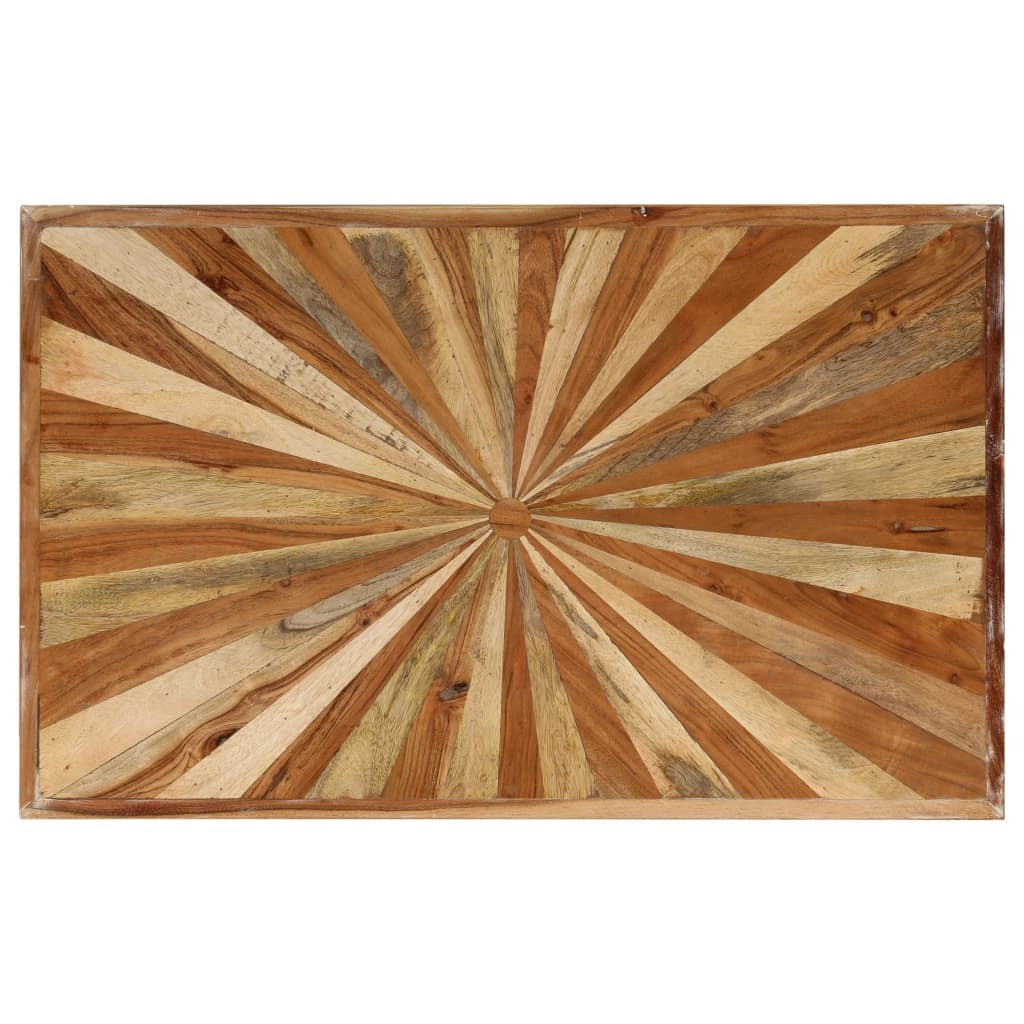 Table basse Amaria, vue de dessus du plateau en marqueterie de bois motif soleil