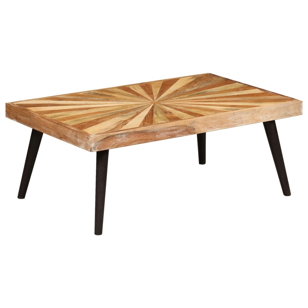 Table basse en bois massif Amaria, vue d'ensemble avec plateau marqueterie soleil et pieds fuselés