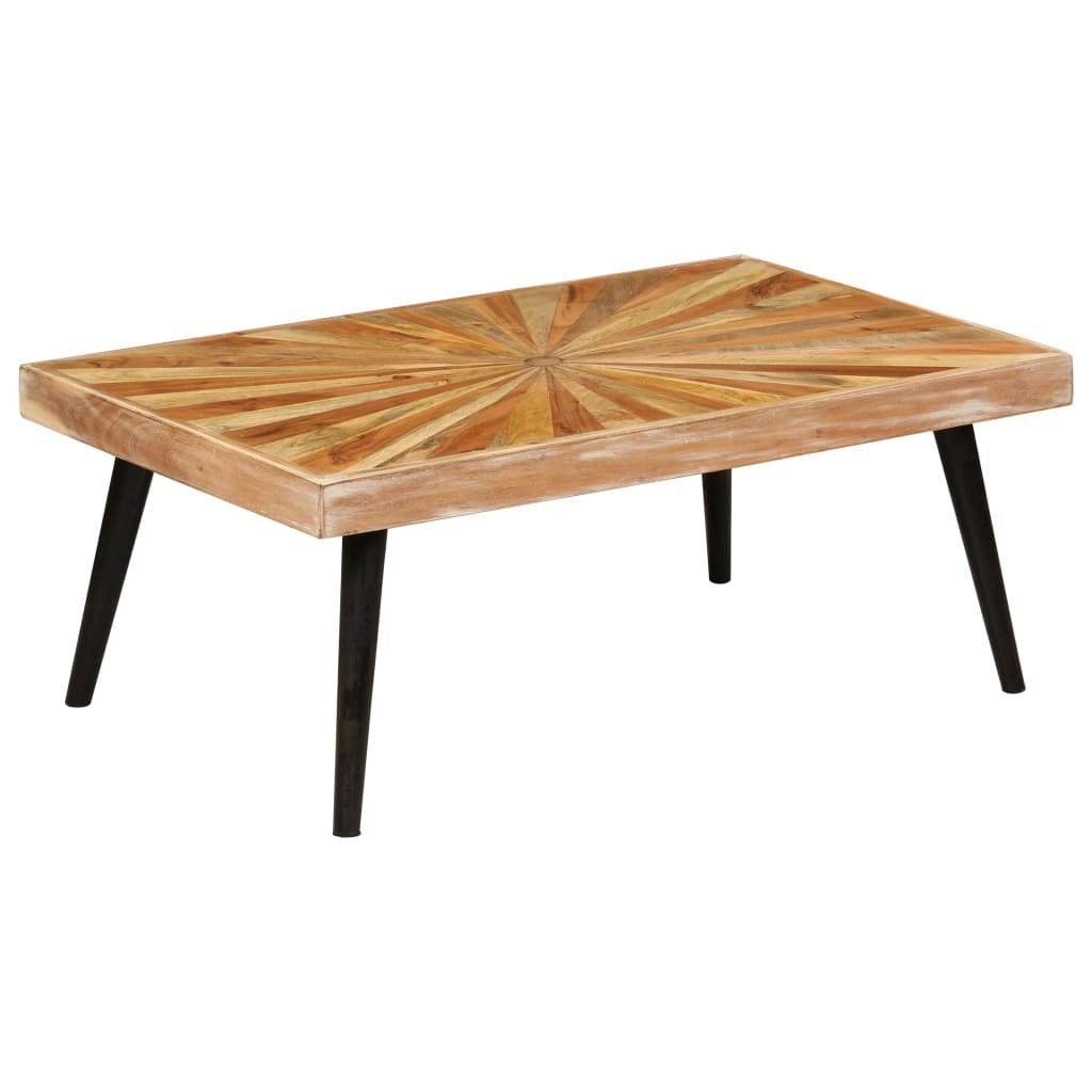 Table en bois massif Amaria, vue de face avec plateau marqueterie soleil et pieds effilés noirs