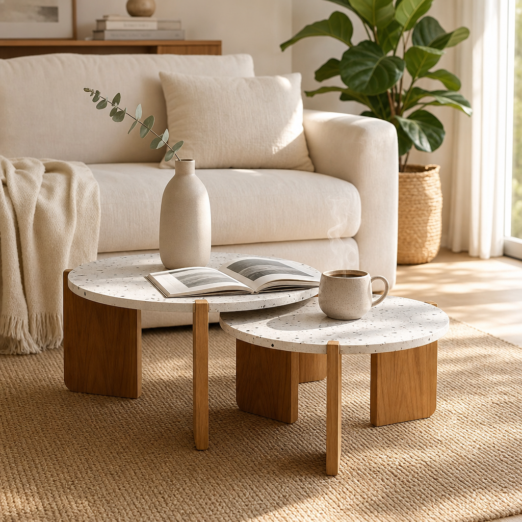 Tables basses gigognes Terrazzo Nerea dans un salon aux tons naturels, avec vase, livre et tasse de cafe