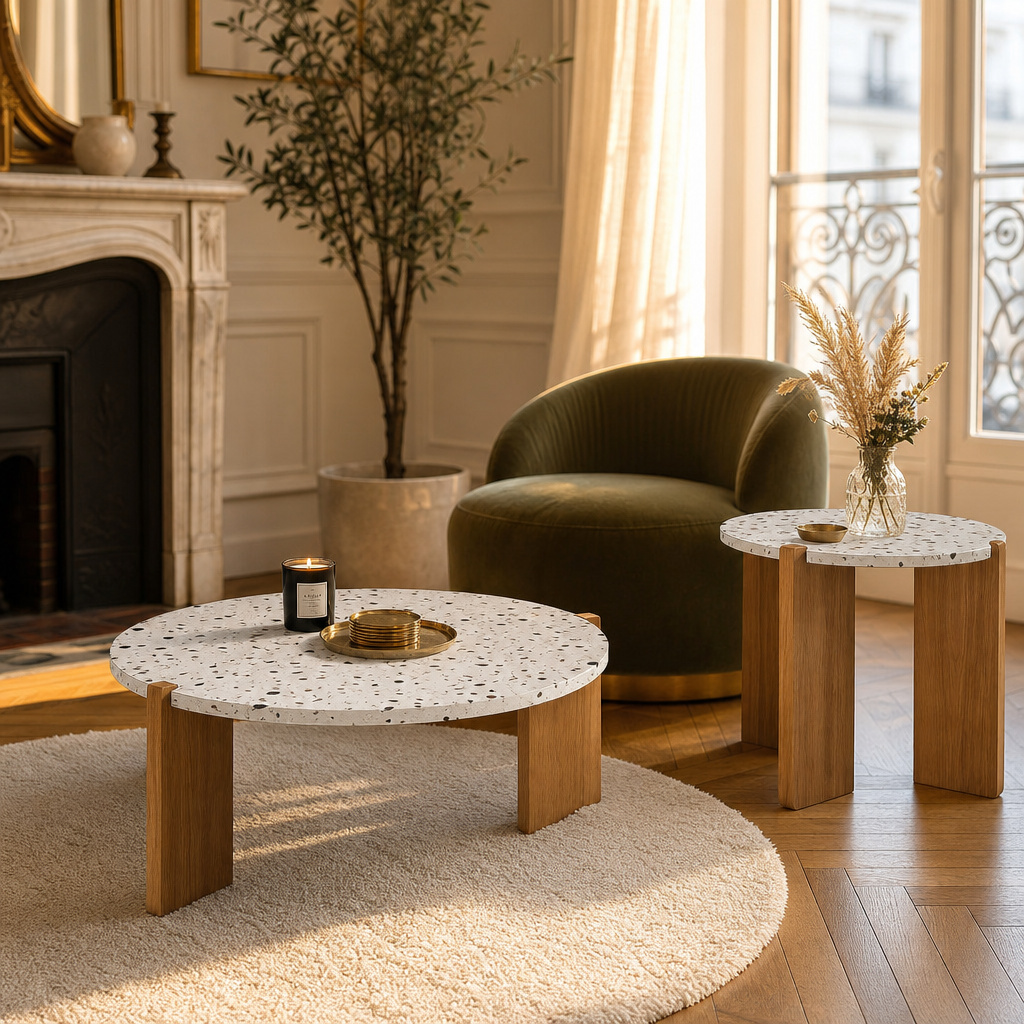 Tables basses gigognes Terrazzo Nerea dans un salon parisien elegant avec fauteuil en velours et cheminee