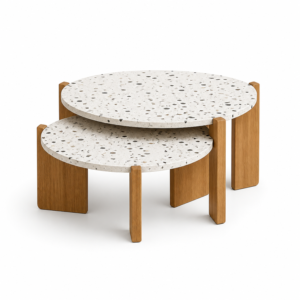 Tables basses gigognes Terrazzo Nerea avec plateaux effet terrazzo blanc et pietements en bois fonce, sur fond blanc